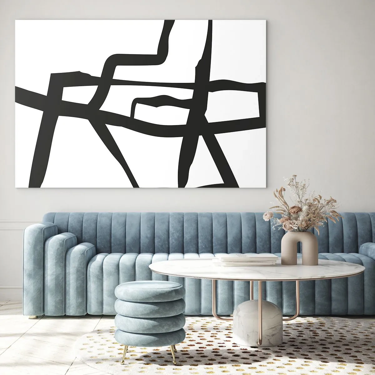 Quadro su vetro - Una struttura astratta in bianco e nero che ricorda un tracciato urbano. - 100x70cm - Struttura bianca e nera - Decorazione murale moderna per soggiorno e camera da letto ARTTOR