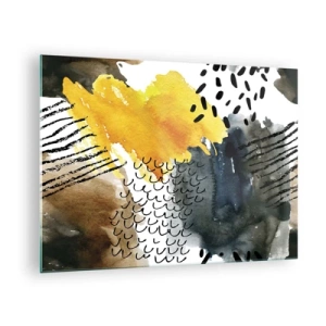 Quadro su vetro - Una composizione astratta con macchie e linee nei colori terrosi. - 70x50cm - L'incontro degli elementi - Decorazione murale moderna per soggiorno e camera da letto ARTTOR