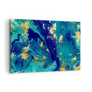 Quadro su tela - Stampe su Tela - Una composizione astratta con accenti blu, verdi e dorati. - 120x80cm - Petali di sole - Decorazione murale moderna per soggiorno e camera da letto ARTTOR