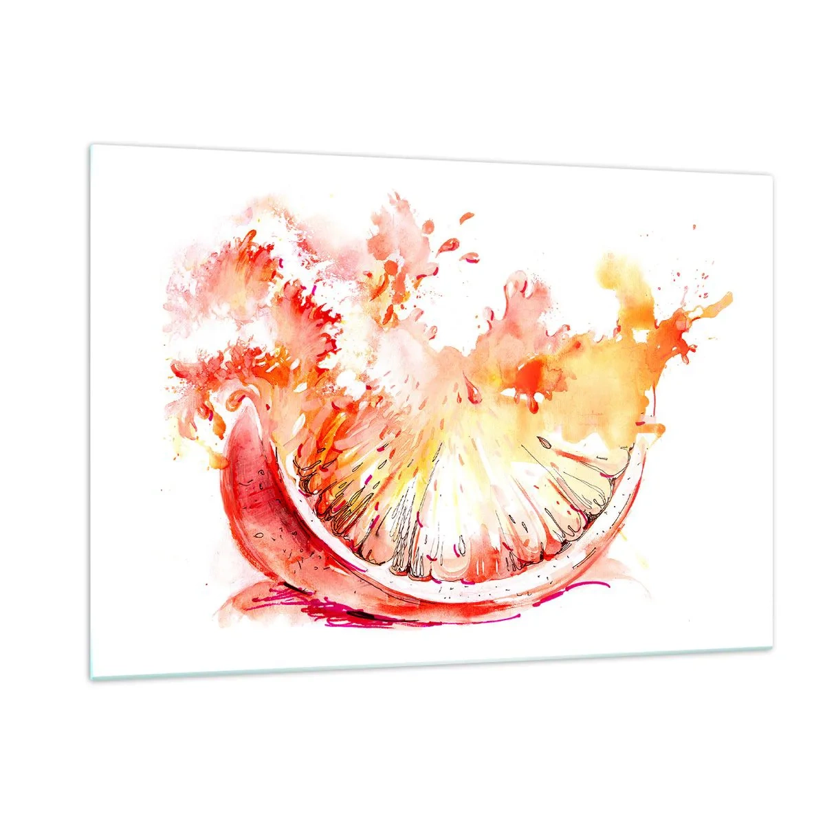 Quadro su vetro - Dipinto ad acquerello di uno spicchio di pompelmo succoso in movimento - 120x80cm - Succoso rinfresco - Decorazione murale moderna per soggiorno e camera da letto ARTTOR