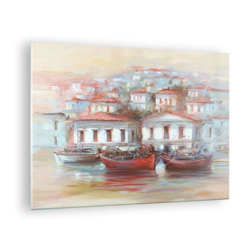 Quadro su vetro - Una pittoresca cittadina con barche nel porto al tramonto - 70x50cm - Cittadina felice - Decorazione murale moderna per soggiorno e camera da letto ARTTOR
