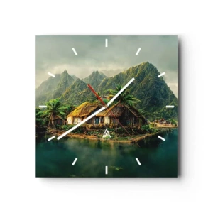 Orologio da parete - Orologio in Vetro - Un'isola tropicale con palme e montagne sullo sfondo - 30x30cm - Paradiso tropicale - Decorazione murale moderna per soggiorno e camera da letto ARTTOR