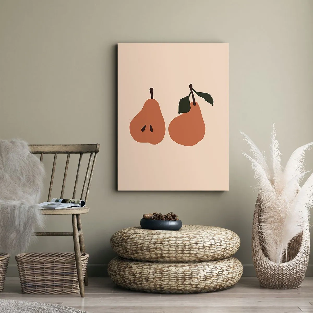 Quadro su tela - Stampe su Tela - Un'illustrazione minimalista di due pere su uno sfondo beige. - 50x70cm - La dolcezza stessa - Decorazione murale moderna per soggiorno e camera da letto ARTTOR