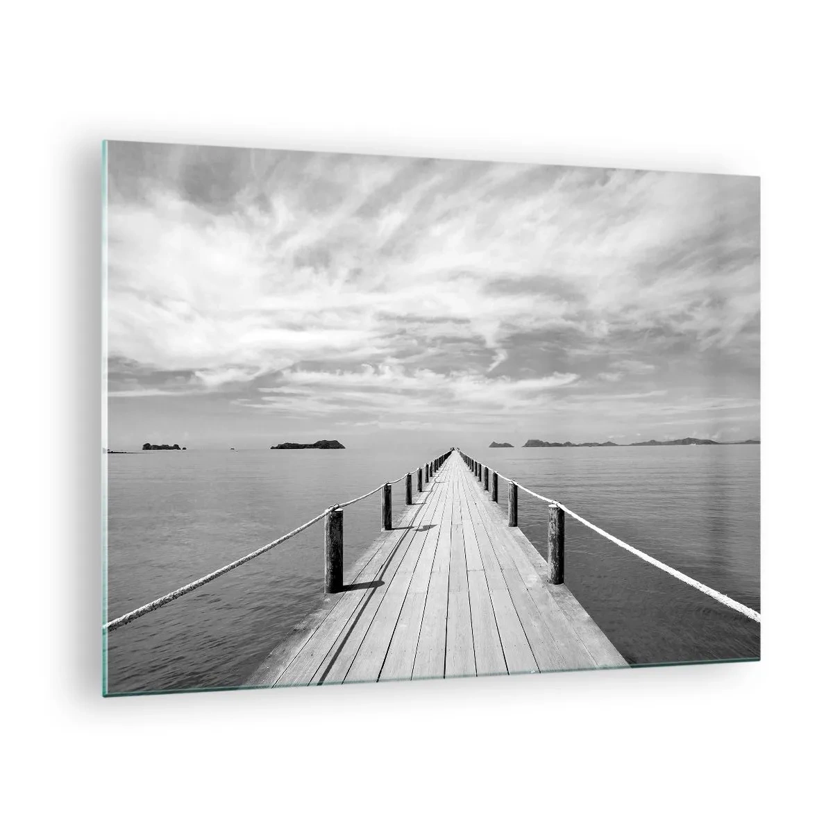 Quadro su vetro - Un molo di legno che si estende in lontananza attraverso un mare calmo - 70x50cm - Forse un viaggio... - Decorazione murale moderna per soggiorno e camera da letto ARTTOR