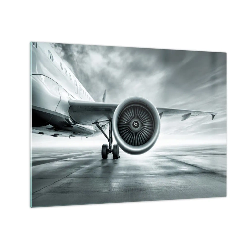 Quadro su vetro - La turbina di un aereo passeggeri sulla pista all'alba - 70x50cm - C'è la forza! - Decorazione murale moderna per soggiorno e camera da letto ARTTOR
