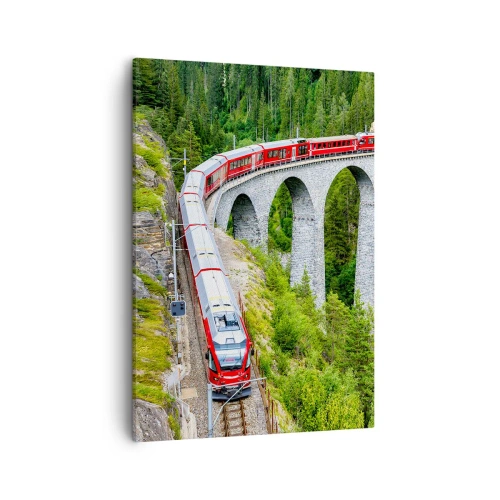 Quadro su tela - Stampe su Tela - Un treno su un pittoresco viadotto in un paesaggio montuoso - 50x70cm - Il treno tra i monti - Decorazione murale moderna per soggiorno e camera da letto ARTTOR