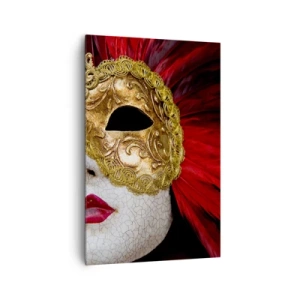 Quadro su tela - Stampe su Tela - Maschera veneziana dorata con piume rosse - 80x120cm - La promessa di un'avventura di carnevale - Decorazione murale moderna per soggiorno e camera da letto ARTTOR
