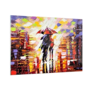 Quadro su vetro - Una coppia sotto un ombrello rosso in una città colorata - 100x70cm - Insieme nella notte e nella pioggia - Decorazione murale moderna per soggiorno e camera da letto ARTTOR