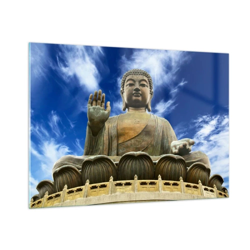 Quadro su vetro - Una grande statua del Buddha contro un cielo blu - 100x70cm - Vivere senza paura - Decorazione murale moderna per soggiorno e camera da letto ARTTOR