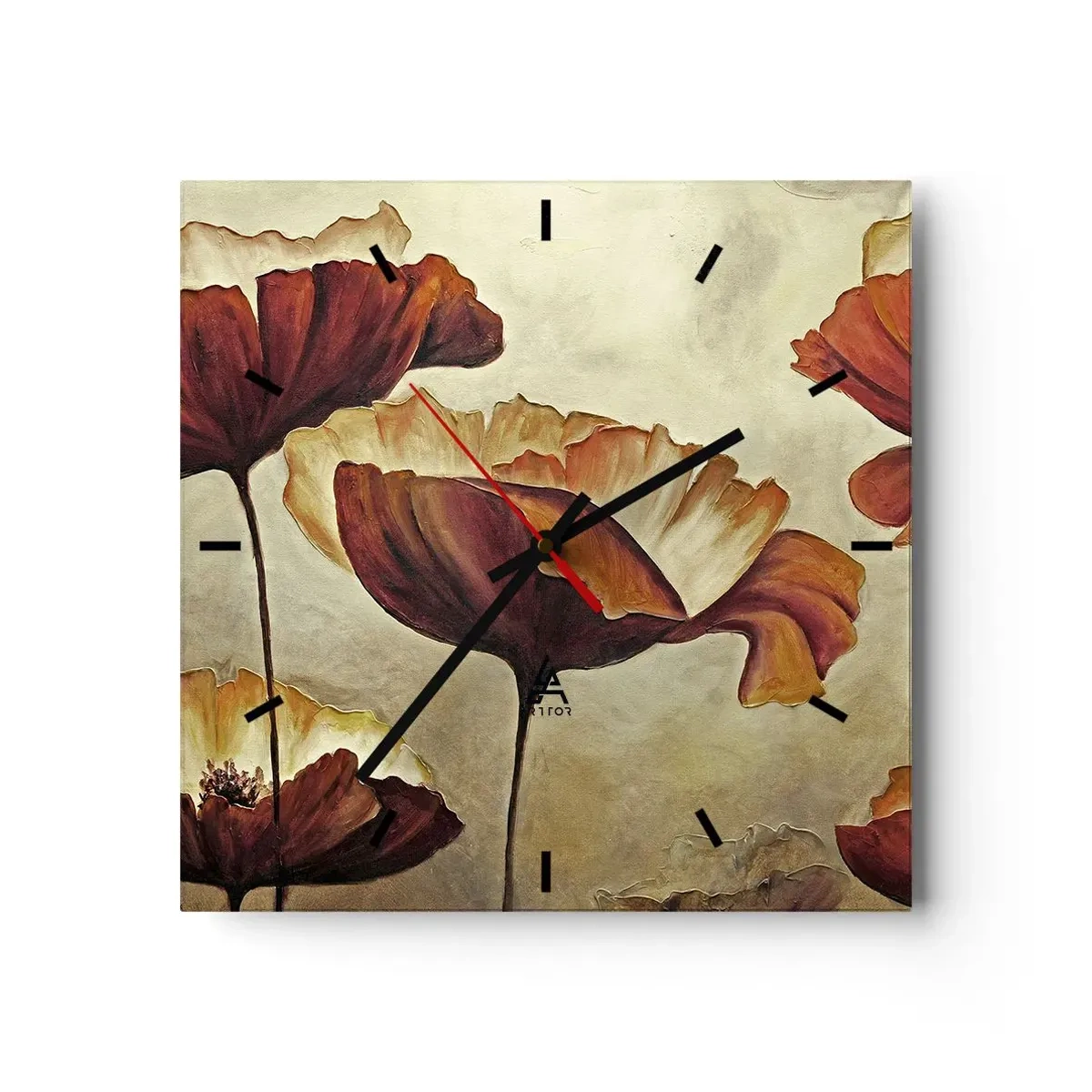 Orologio da parete - Orologio in Vetro - Fiori delicati nei toni del rosso e dell'oro su uno sfondo chiaro - 30x30cm - Nei prati e nei campi - Decorazione murale moderna per soggiorno e camera da letto ARTTOR