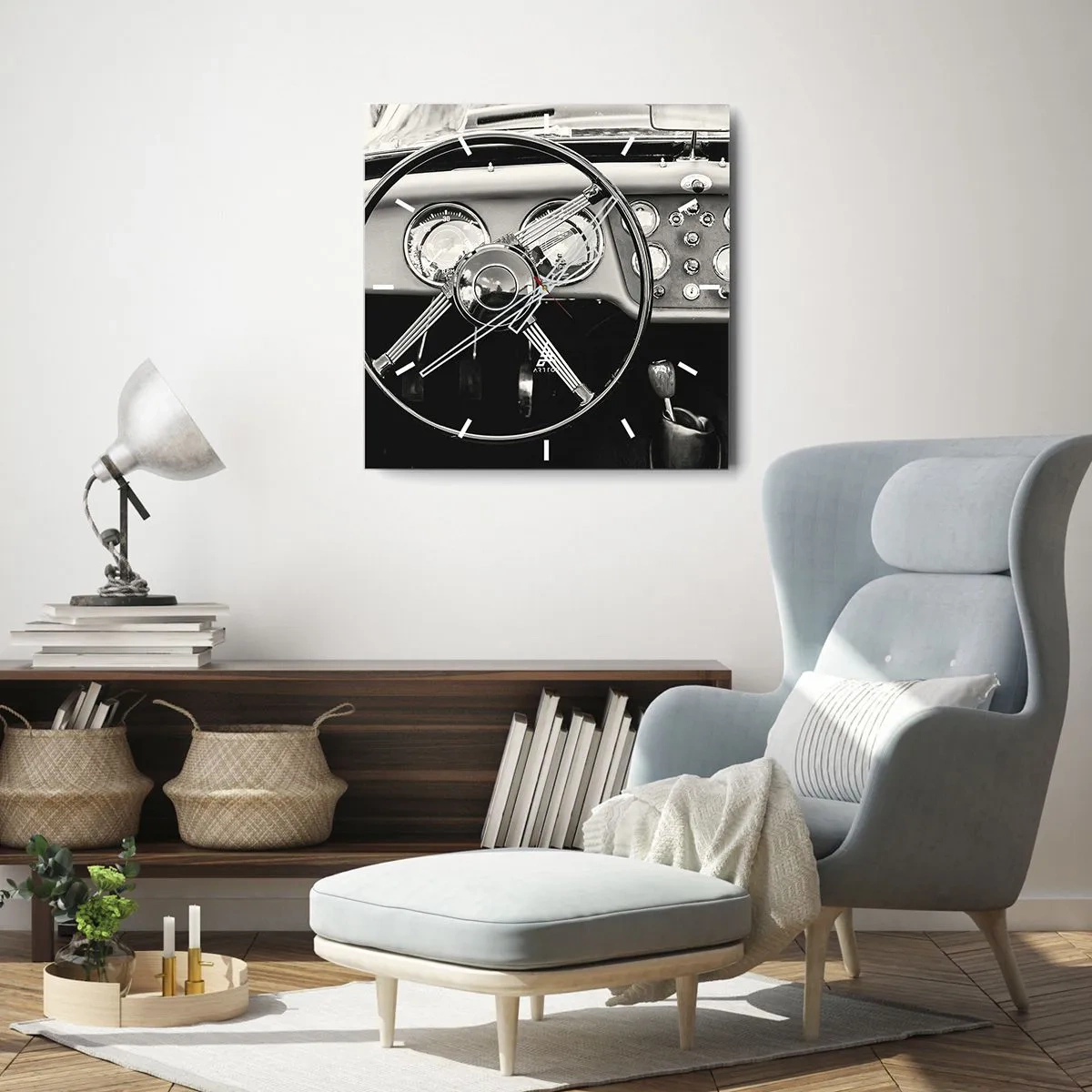 Orologio da parete - Orologio in Vetro - Interni di auto d'epoca in bianco e nero - 30x30cm - Il sogno del collezionista - Decorazione murale moderna per soggiorno e camera da letto ARTTOR