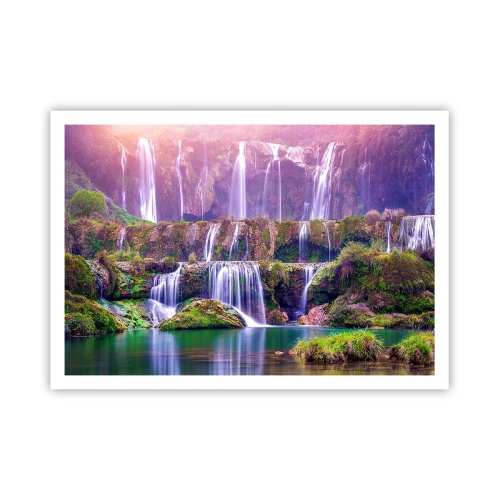 Poster - Cascate immerse nel verde con luci pastello - 100x70cm - La scala verso il cielo - Decorazione murale moderna per soggiorno e camera da letto ARTTOR