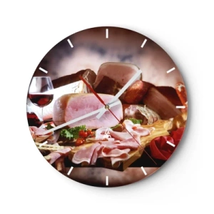 Orologio da parete - Orologio in Vetro - Disposizione di salumi e carne con un bicchiere di vino - 30x30cm - Sogno culinario con caraffa - Decorazione murale moderna per soggiorno, cucina e camera da letto ARTTOR