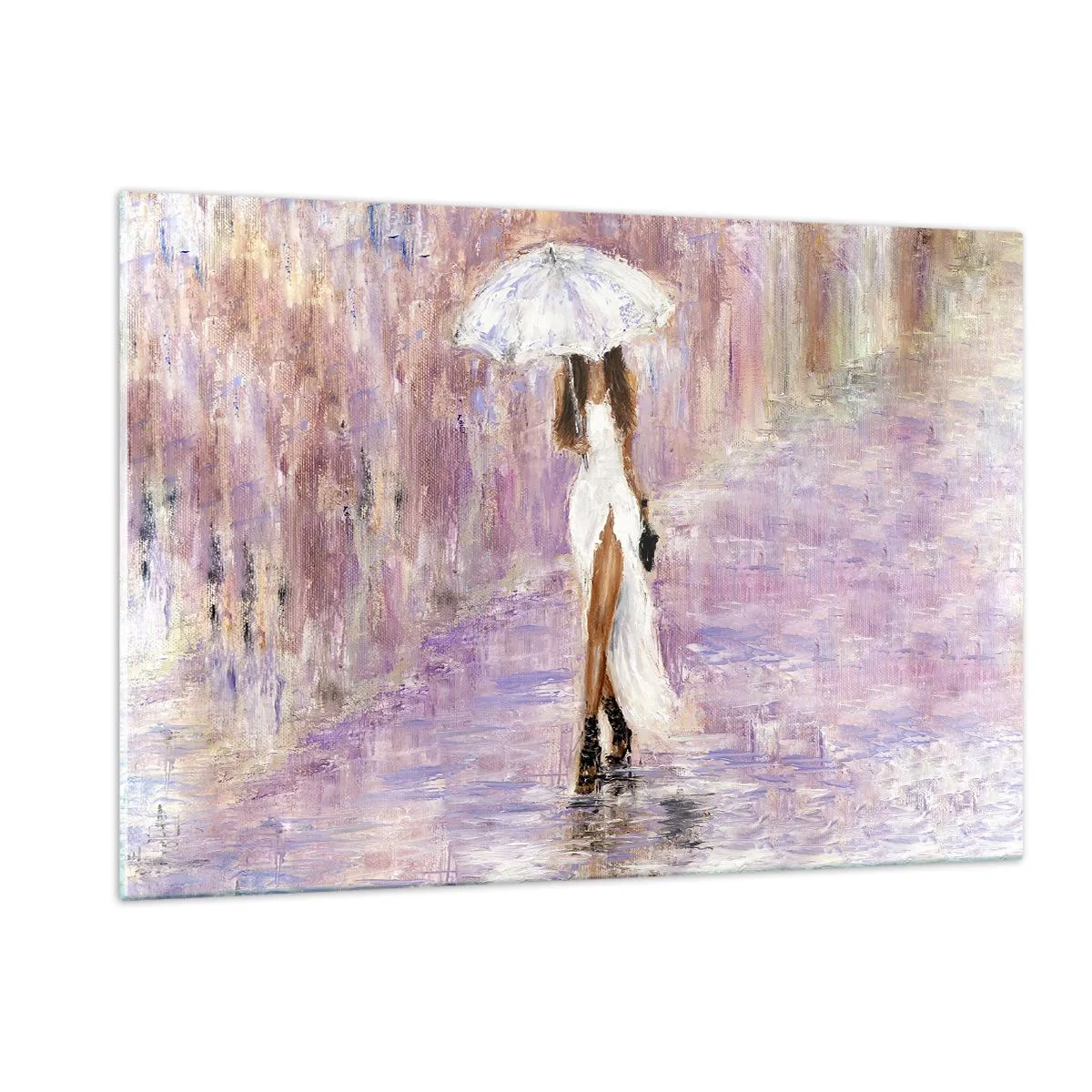 Quadro su vetro - Figura di una donna con un ombrello in una scena di pioggia lilla - 120x80cm - Nella pioggia lilla - Decorazione murale moderna per soggiorno e camera da letto ARTTOR