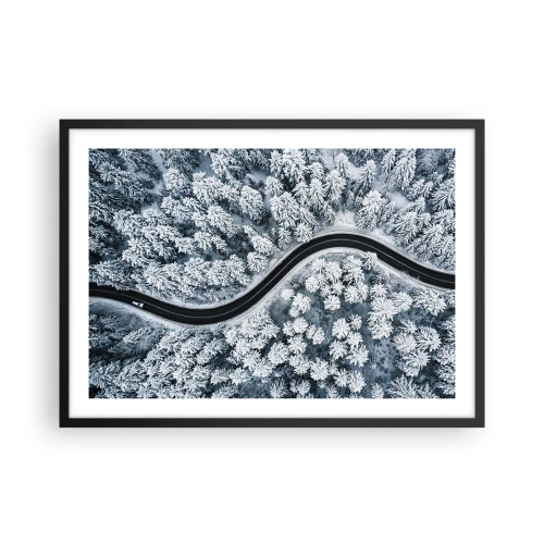 Poster in cornice nera - Una vista a volo d'uccello di una strada tortuosa in una foresta invernale - 70x50cm - Attraverso il bosco invernale - Decorazione murale moderna per soggiorno e camera da letto ARTTOR