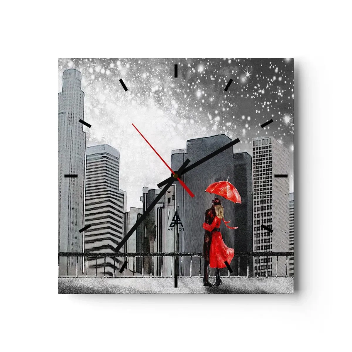 Orologio da parete - Orologio in Vetro - Una coppia vestita di rosso con un ombrello sullo sfondo di un paesaggio urbano - 30x30cm - L'uomo non è di pietra - Decorazione murale moderna per soggiorno e camera da letto ARTTOR