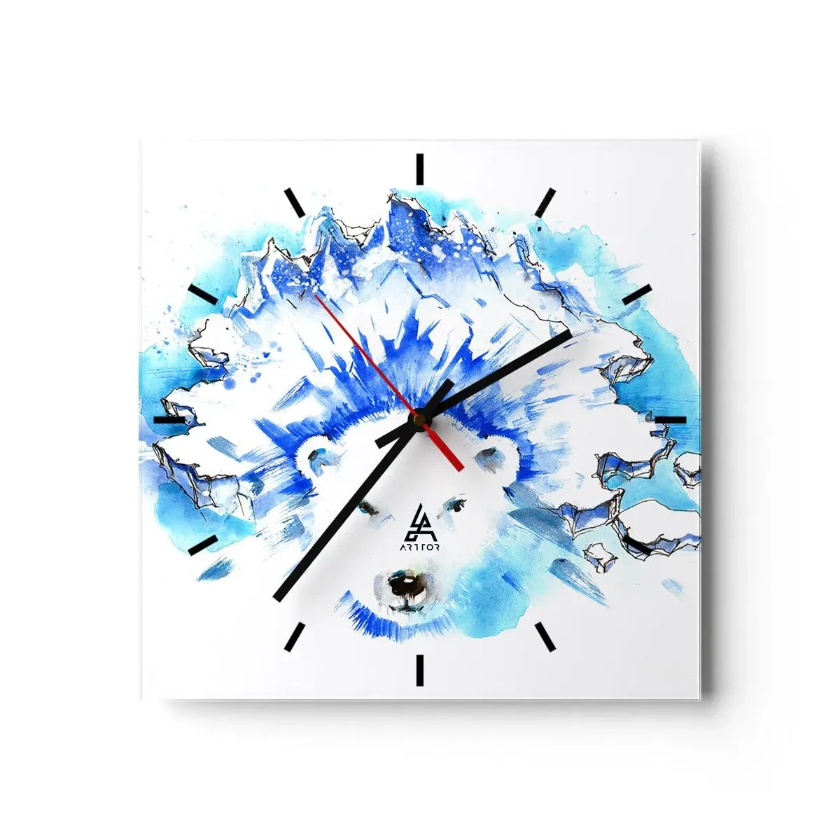 Orologio da parete - Orologio in Vetro - Dipinto artistico ad acquerello di un orso polare con un motivo ghiacciato - 30x30cm - Il re dell'Artide con la corona di ghiaccio - Decorazione murale moderna per soggiorno e camera da letto ARTTOR