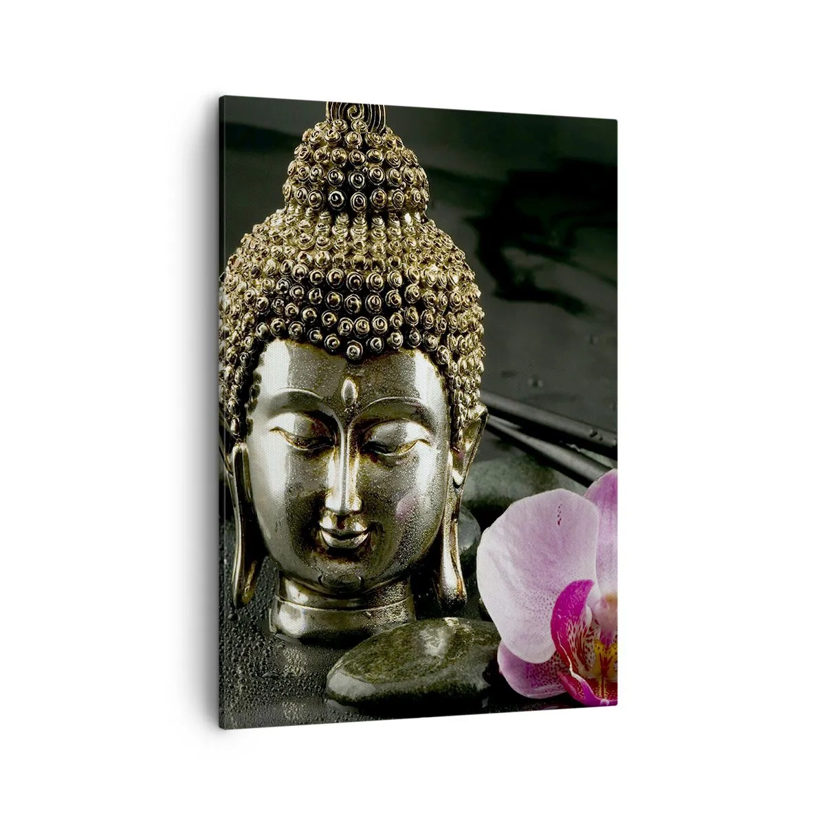 Quadro su tela - Stampe su Tela - Una statuetta di Buddha con un'orchidea e delle bacchette su uno sfondo di pietre - 50x70cm - Armonia di saggezza e bellezza - Decorazione murale moderna per soggiorno e camera da letto ARTTOR