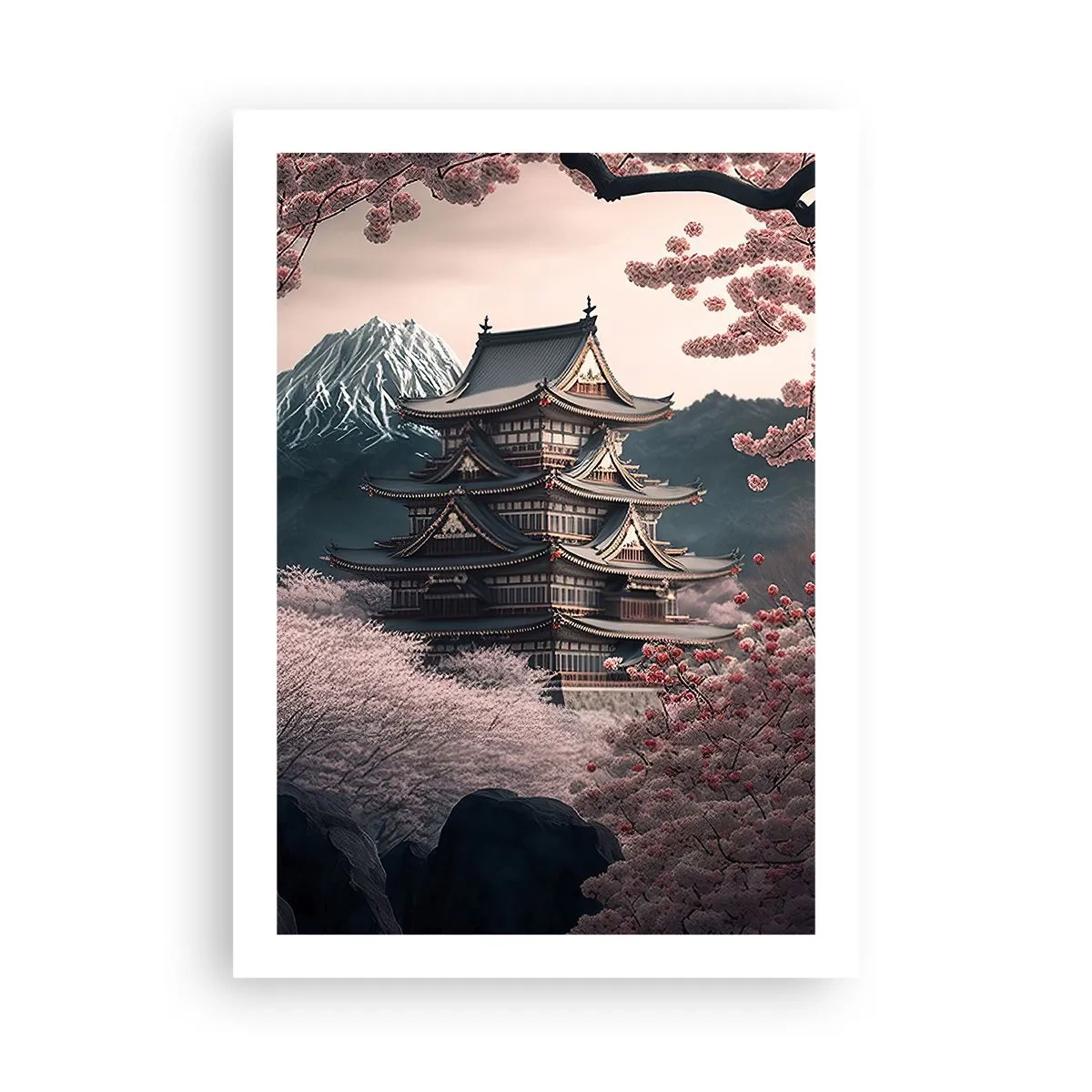 Poster - Pagoda giapponese tra i fiori di ciliegio - 50x70cm - Il Paese dei ciliegi in fiore - Decorazione murale moderna per soggiorno e camera da letto ARTTOR