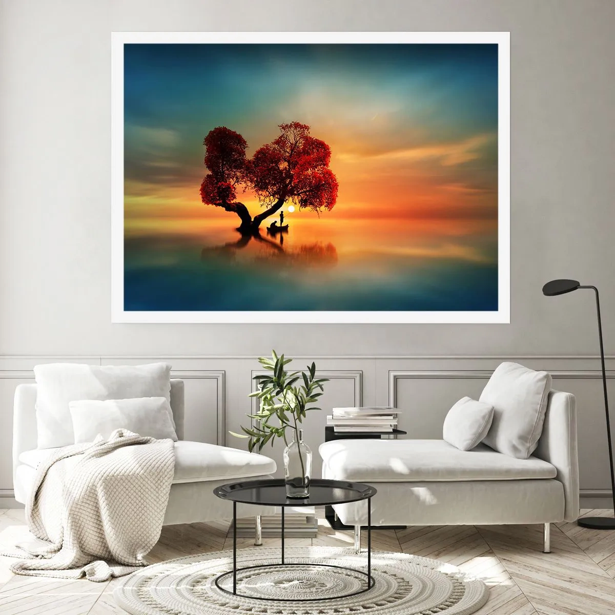 Poster - Un albero dalle foglie rosse e una barca sull'acqua al tramonto - 100x70cm - Gli esiliati e il silenzio fuori dal mondo - Decorazione murale moderna per soggiorno e camera da letto ARTTOR