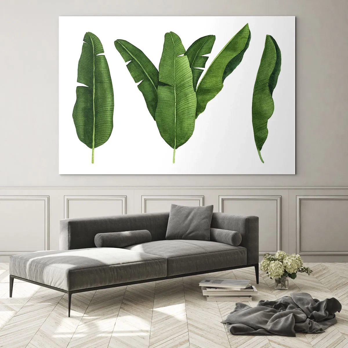 Quadro su vetro - Quattro foglie di banano verde su sfondo bianco - 120x80cm - Simmetria verde - Decorazione murale moderna per soggiorno e camera da letto ARTTOR