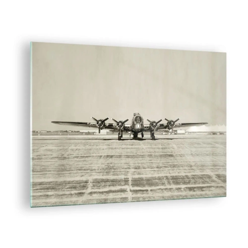Quadro su vetro - Aereo storico all'aeroporto in stile seppia - 70x50cm - Pronto come sempre - Decorazione murale moderna per soggiorno e camera da letto ARTTOR
