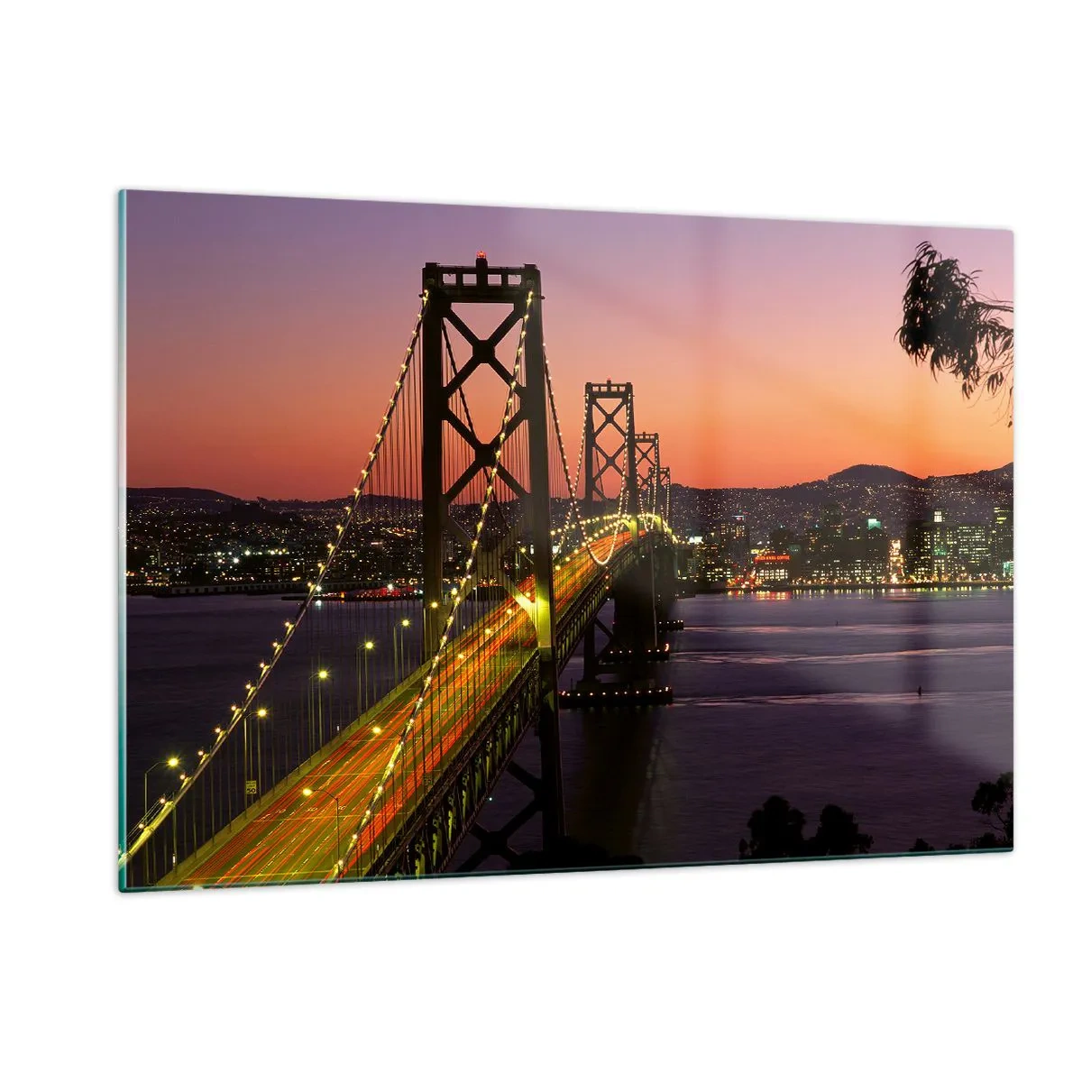 Quadro su vetro - Il ponte di notte in città e la luce del tramonto - 120x80cm - Serata in viola - Decorazione murale moderna per soggiorno e camera da letto ARTTOR