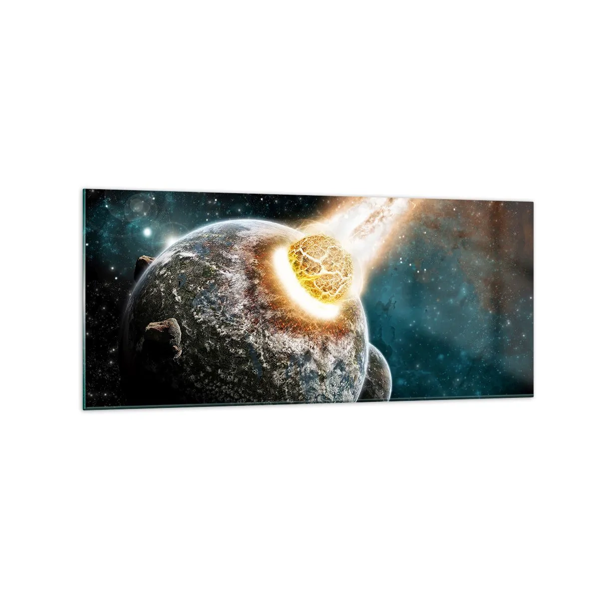 Quadro su vetro - Collisione cosmica di un pianeta con un asteroide nelle vicinanze della galassia. - 120x50cm - Estinzione o nascita? - Decorazione murale moderna per soggiorno e camera da letto ARTTOR
