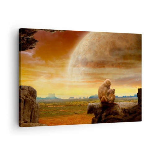 Quadro su tela - Stampe su Tela - Scimmie sedute su una roccia in un paesaggio surreale con un pianeta gigante - 70x50cm - L'amore è ovunque lo stesso - Decorazione murale moderna per soggiorno e camera da letto ARTTOR