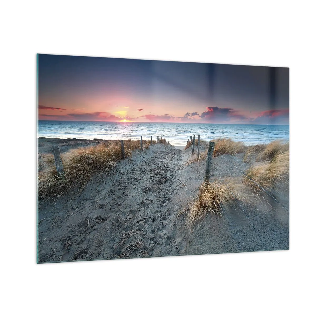 Quadro su vetro - Sentiero tra le dune che porta al mare al tramonto - 100x70cm - Hai versato un arcobaleno di luce radiosa... - Decorazione murale moderna per soggiorno e camera da letto ARTTOR