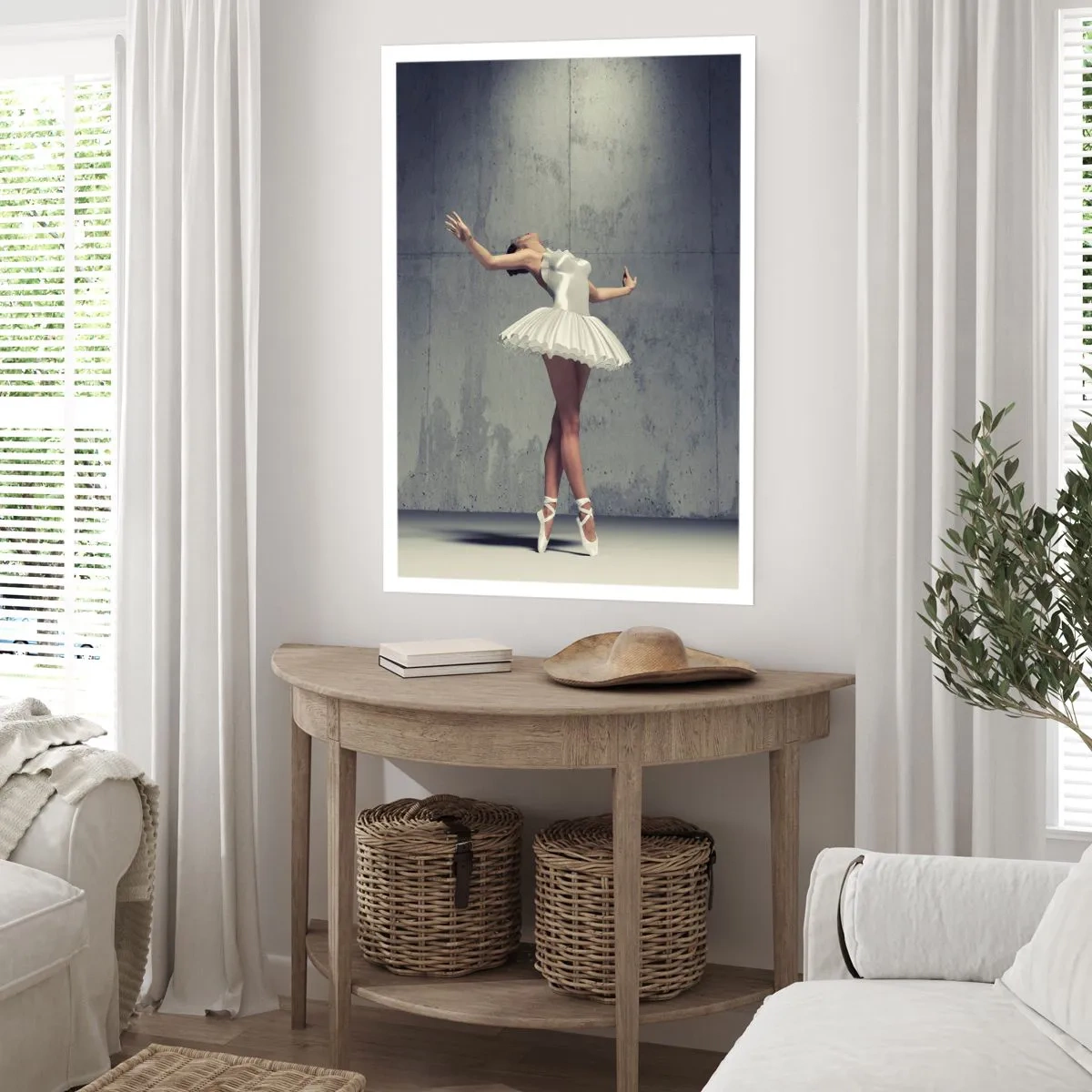 Poster - Una ballerina in abito bianco sullo sfondo di un muro di cemento grezzo. - 50x70cm - Leggero come un uccello - Decorazione murale moderna per soggiorno e camera da letto ARTTOR
