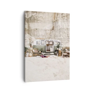 Quadro su tela - Stampe su Tela - Un camper retrò dal design boho sullo sfondo di un paesaggio roccioso. - 50x70cm - è tempo di viaggiare - Decorazione murale moderna per soggiorno e camera da letto ARTTOR