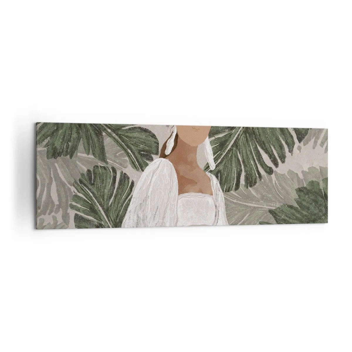 Quadro su tela - Stampe su Tela - Ritratto di una donna in abito bianco su uno sfondo di foglie di monstera - 160x50cm - Ritratto esotico - Decorazione murale moderna per soggiorno e camera da letto ARTTOR