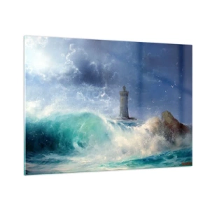 Quadro su vetro - Un faro tra le onde agitate dell'oceano - 100x70cm - In difesa contro gli elementi - Decorazione murale moderna per soggiorno e camera da letto ARTTOR