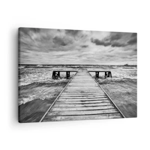 Quadro su tela - Stampe su Tela - Una vista in bianco e nero di un molo di legno su un mare in tempesta. - 70x50cm - Aspetto che il vento le scacci via... - Decorazione murale moderna per soggiorno e camera da letto ARTTOR