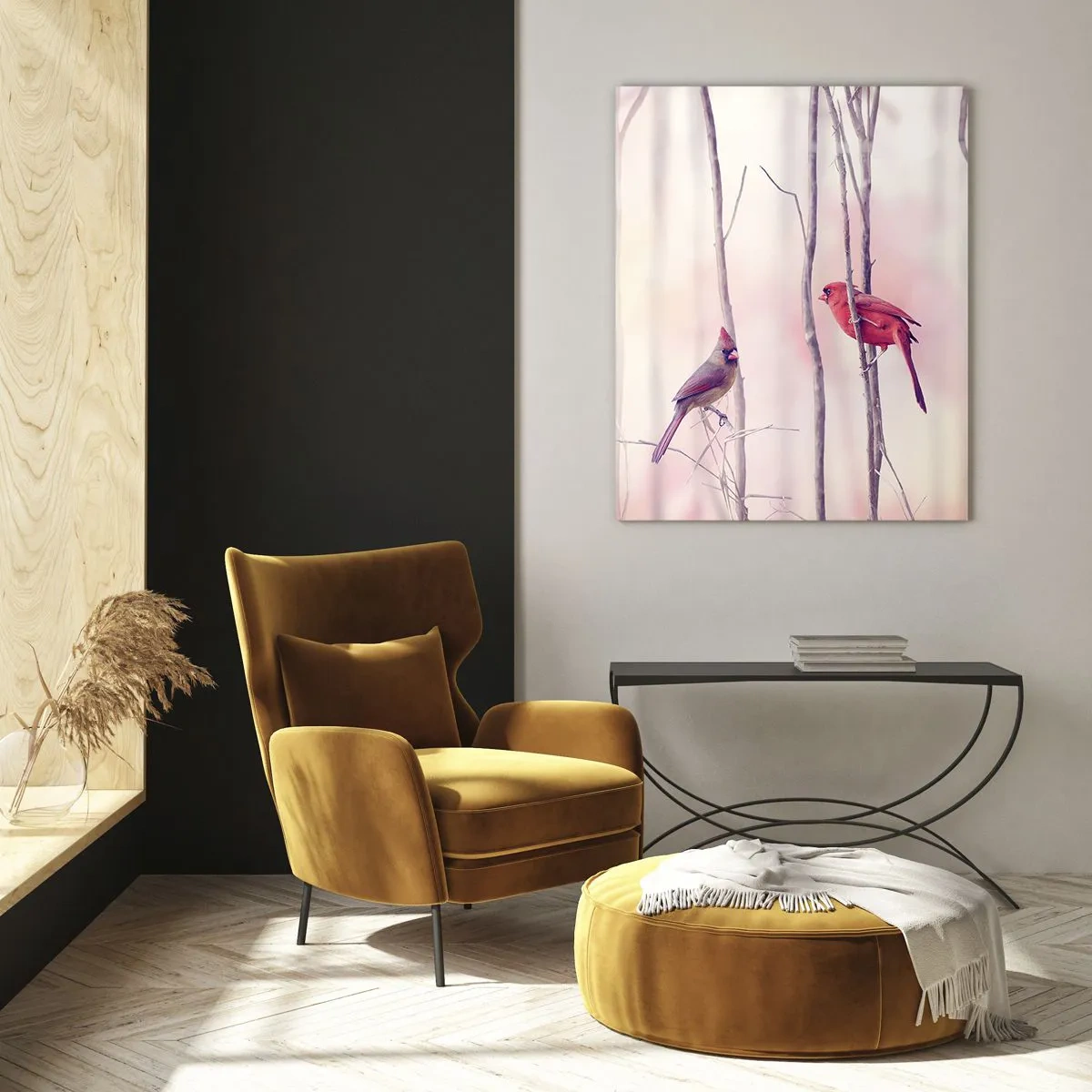 Quadro su vetro - Due uccelli tra delicati ramoscelli dai toni pastello - 50x70cm - Il racconto del bosco rosa - Decorazione murale moderna per soggiorno e camera da letto ARTTOR