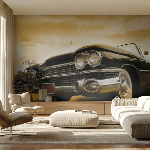 Fotomurali Premium Sand - Classica auto retrò nera contro un cielo dorato - 100x70cm - Il classico non è mai fuori moda - Decorazione murale moderna per soggiorno e camera da letto ARTTOR