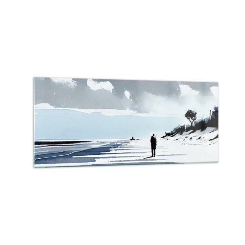 Quadro su vetro - Una figura solitaria che cammina su una spiaggia deserta - 120x50cm - Solo con se stesso - Decorazione murale moderna per soggiorno e camera da letto ARTTOR