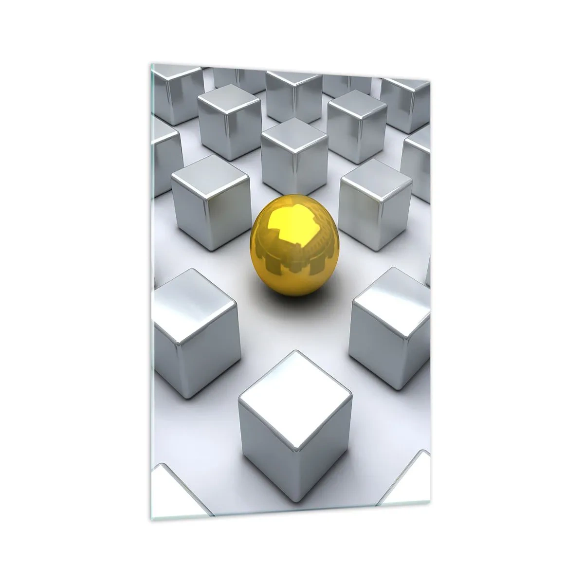 Quadro su vetro - Una sfera dorata che spicca tra i cubi d'argento - 70x100cm - Perché io? Composizione geometrica - Decorazione murale moderna per soggiorno e camera da letto ARTTOR