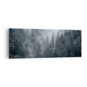 Quadro su tela - Stampe su Tela - Foresta di conifere nebbiosa nei toni del grigio e del verde - 140x50cm - Alba nel bosco - Decorazione murale moderna per soggiorno e camera da letto ARTTOR