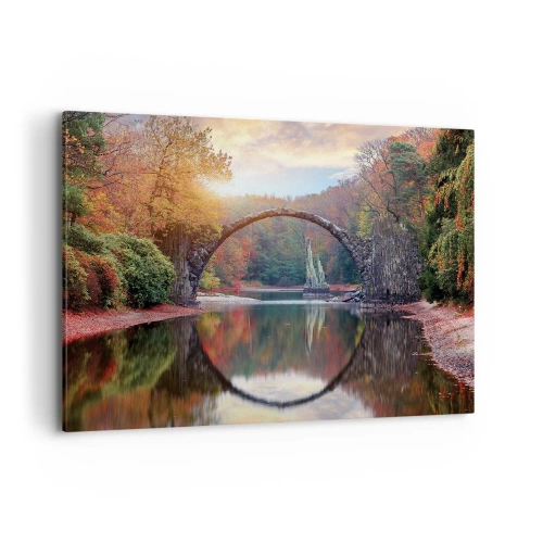 Quadro su tela - Stampe su Tela - Un ponte di pietra in uno scenario autunnale sopra acque calme - 120x80cm - Dall'altro lato dello specchio - Decorazione murale moderna per soggiorno e camera da letto ARTTOR