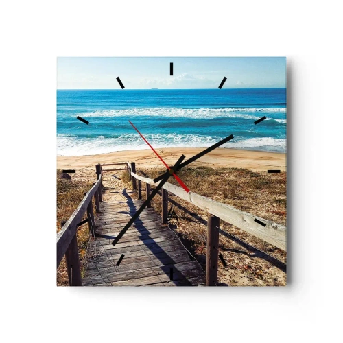 Orologio da parete - Orologio in Vetro - Sentiero in legno che conduce alla spiaggia - 30x30cm - Corri! - Decorazione murale moderna per soggiorno e camera da letto ARTTOR