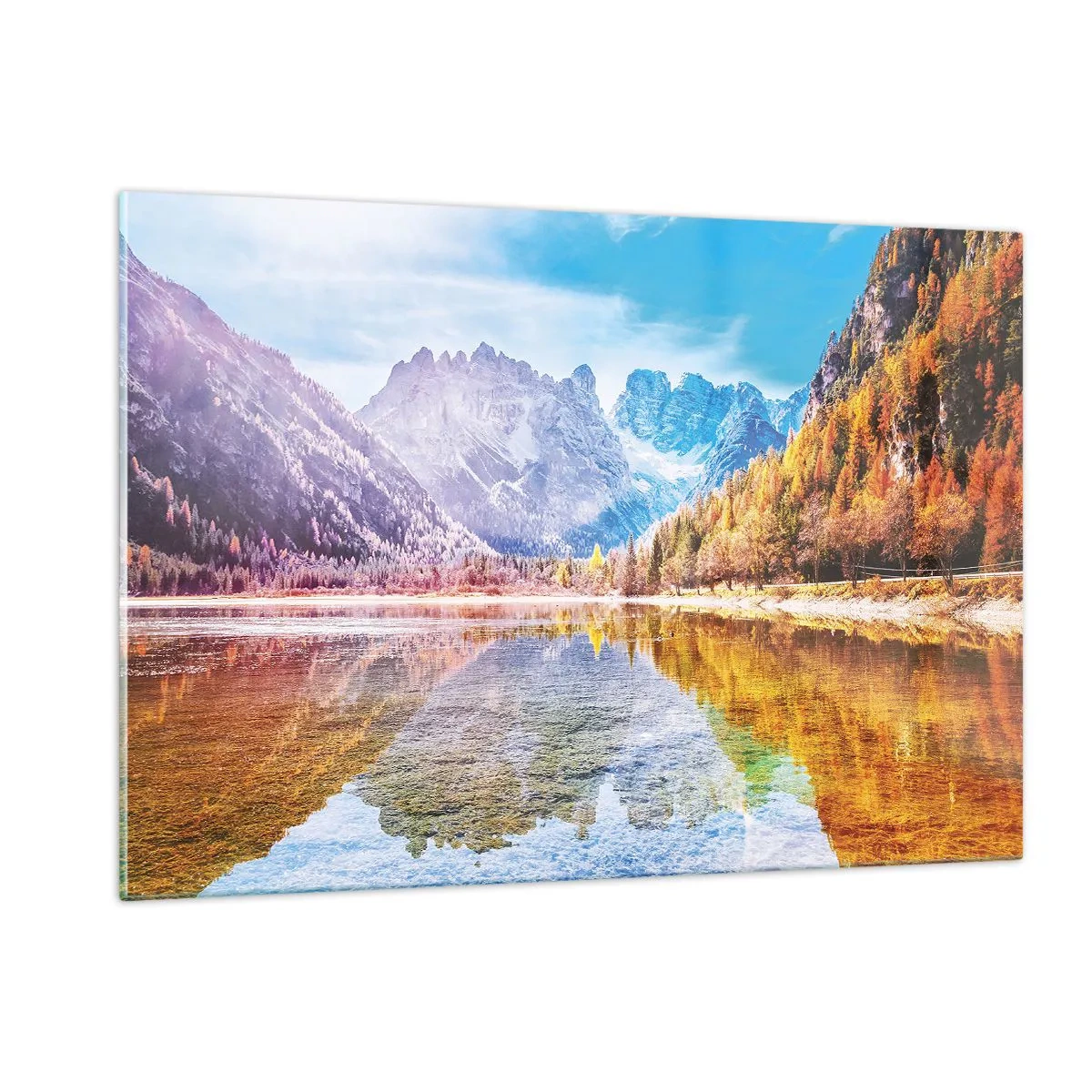 Quadro su vetro - Montagne autunnali riflesse nel lago, circondate da alberi colorati - 120x80cm - E nei monti è già autunno - Decorazione murale moderna per soggiorno e camera da letto ARTTOR