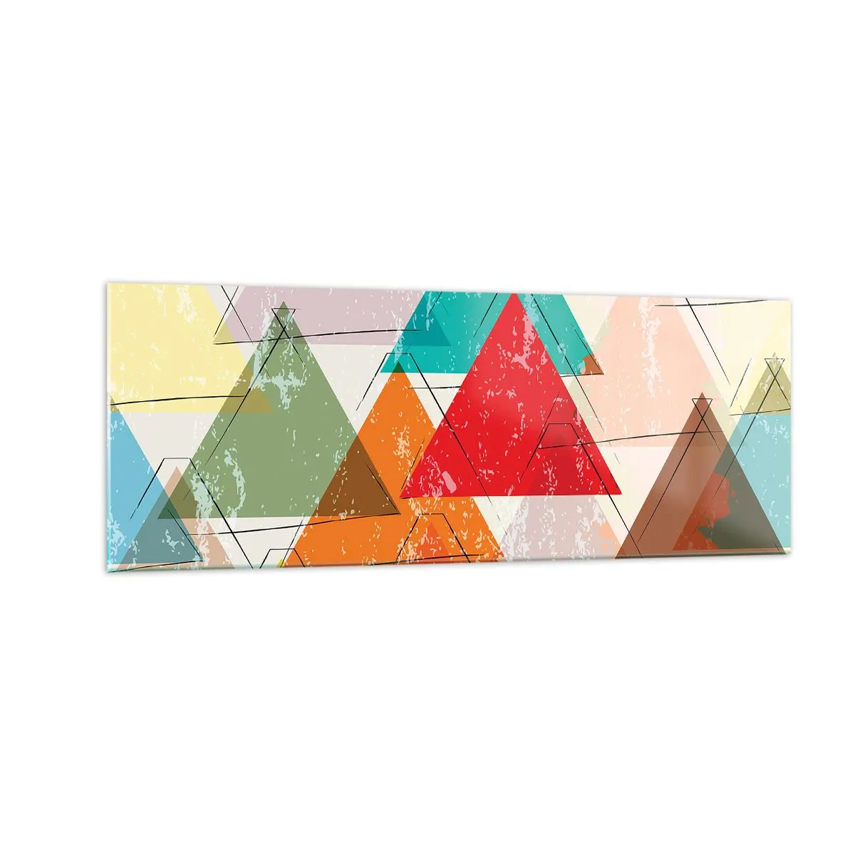 Quadro su vetro - Astrazione colorata con triangoli geometrici - 140x50cm - Tre alla volta - Decorazione murale moderna per soggiorno e camera da letto ARTTOR
