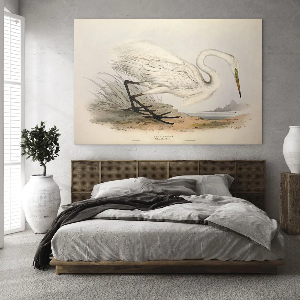 Quadro su vetro - Illustrazione d'epoca di un airone bianco in riva all'acqua - 100x70cm - La signora nel canneto - Decorazione murale moderna per soggiorno e camera da letto ARTTOR