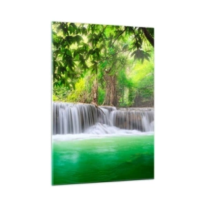 Quadro su vetro - Una cascata in una foresta tropicale con acqua cristallina - 50x70cm - Cascata nel verde - Decorazione murale moderna per soggiorno e camera da letto ARTTOR