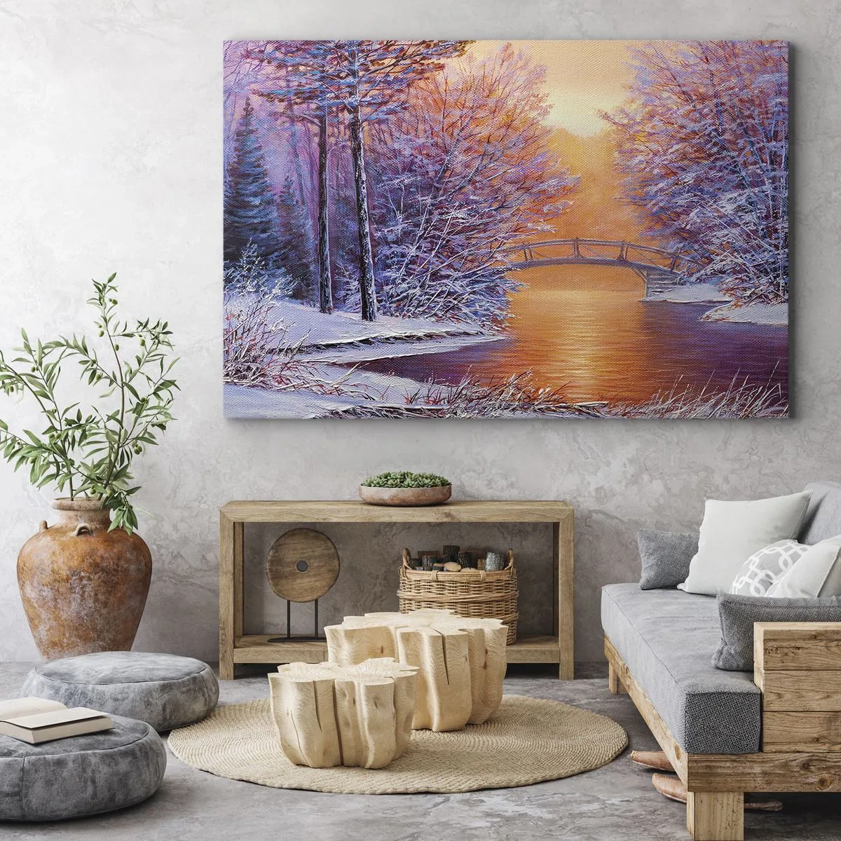 Quadro su tela - Stampe su Tela - Paesaggio invernale con ponte e tramonto - 120x80cm - Incontriamoci qui - Decorazione murale moderna per soggiorno e camera da letto ARTTOR