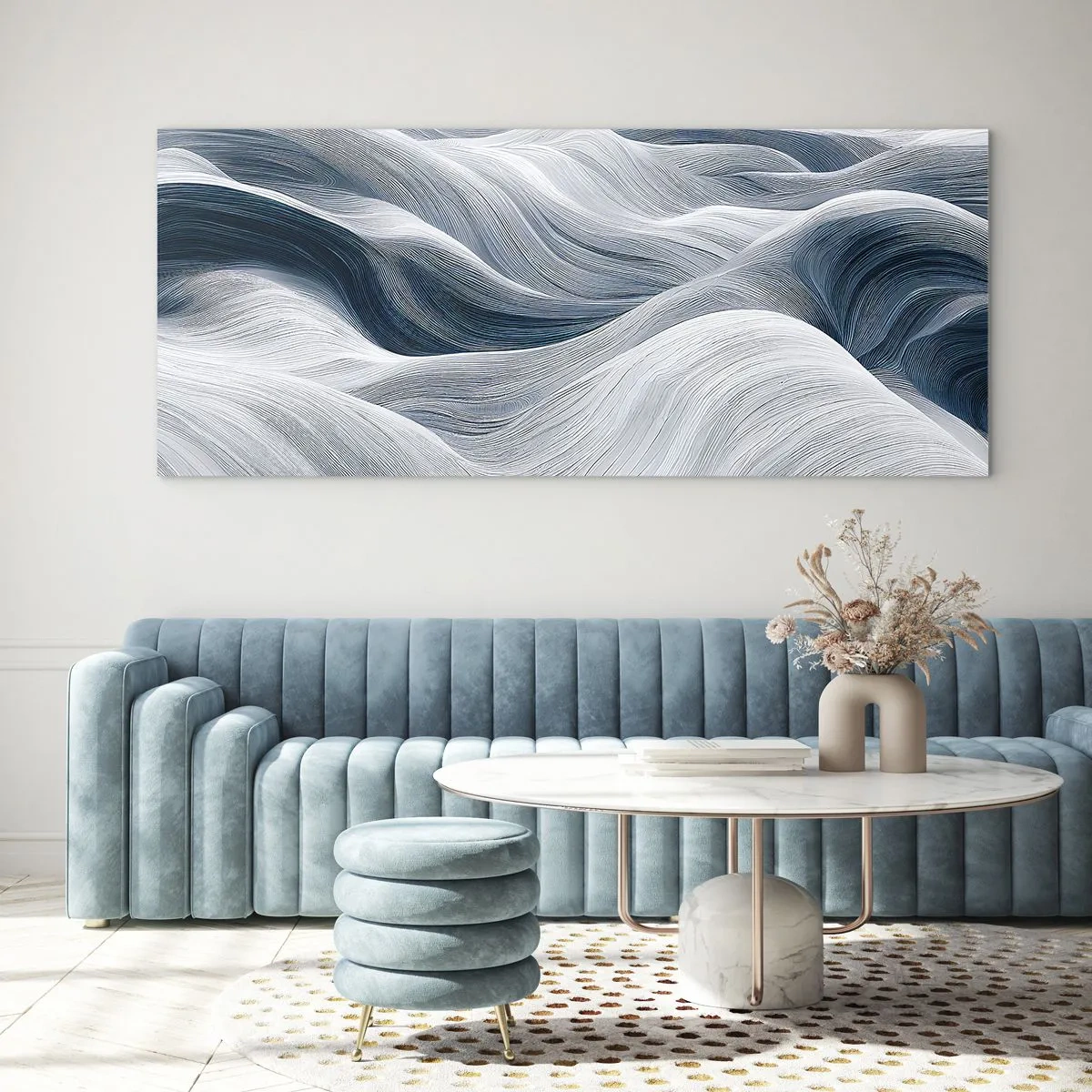 Quadro su vetro - Linee ondulate nei toni del blu e del bianco - 120x50cm - Onde bianche e blu - Decorazione murale moderna per soggiorno e camera da letto ARTTOR