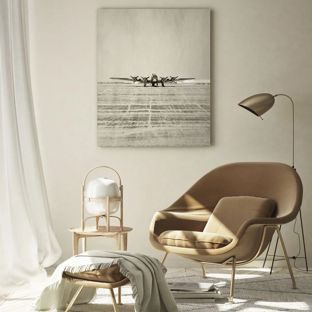 Quadro su vetro - Aereo storico all'aeroporto in stile seppia - 50x70cm - Pronto come sempre - Decorazione murale moderna per soggiorno e camera da letto ARTTOR