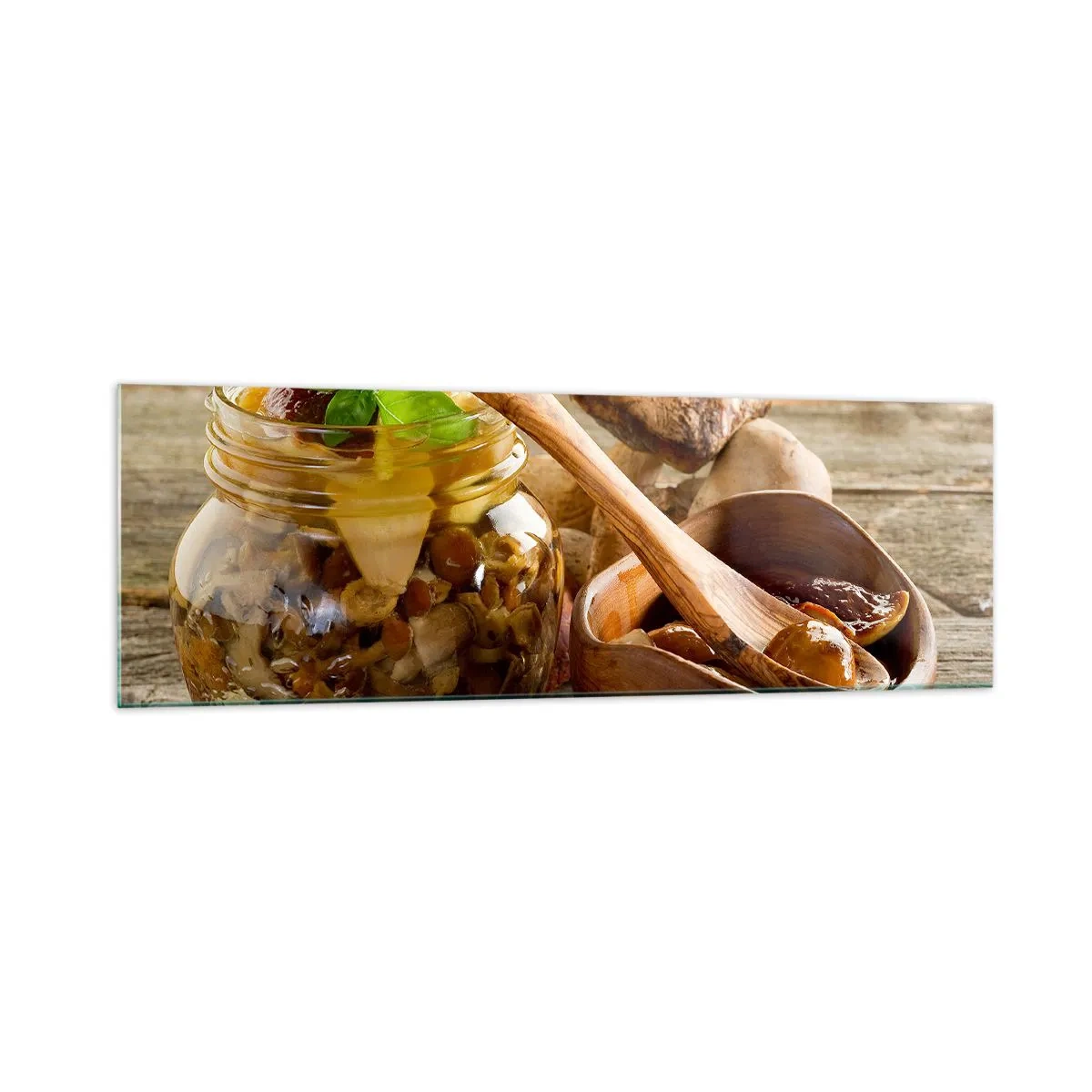 Quadro su vetro - Funghi naturali in un barattolo su un tavolo rustico - 160x50cm - Freschi, conservati, autunnali... - Decorazione murale moderna per soggiorno e camera da letto ARTTOR